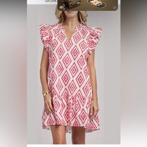 NWOT Pink and White Ruffled Flutter Sleeve Mini Dress - size XS